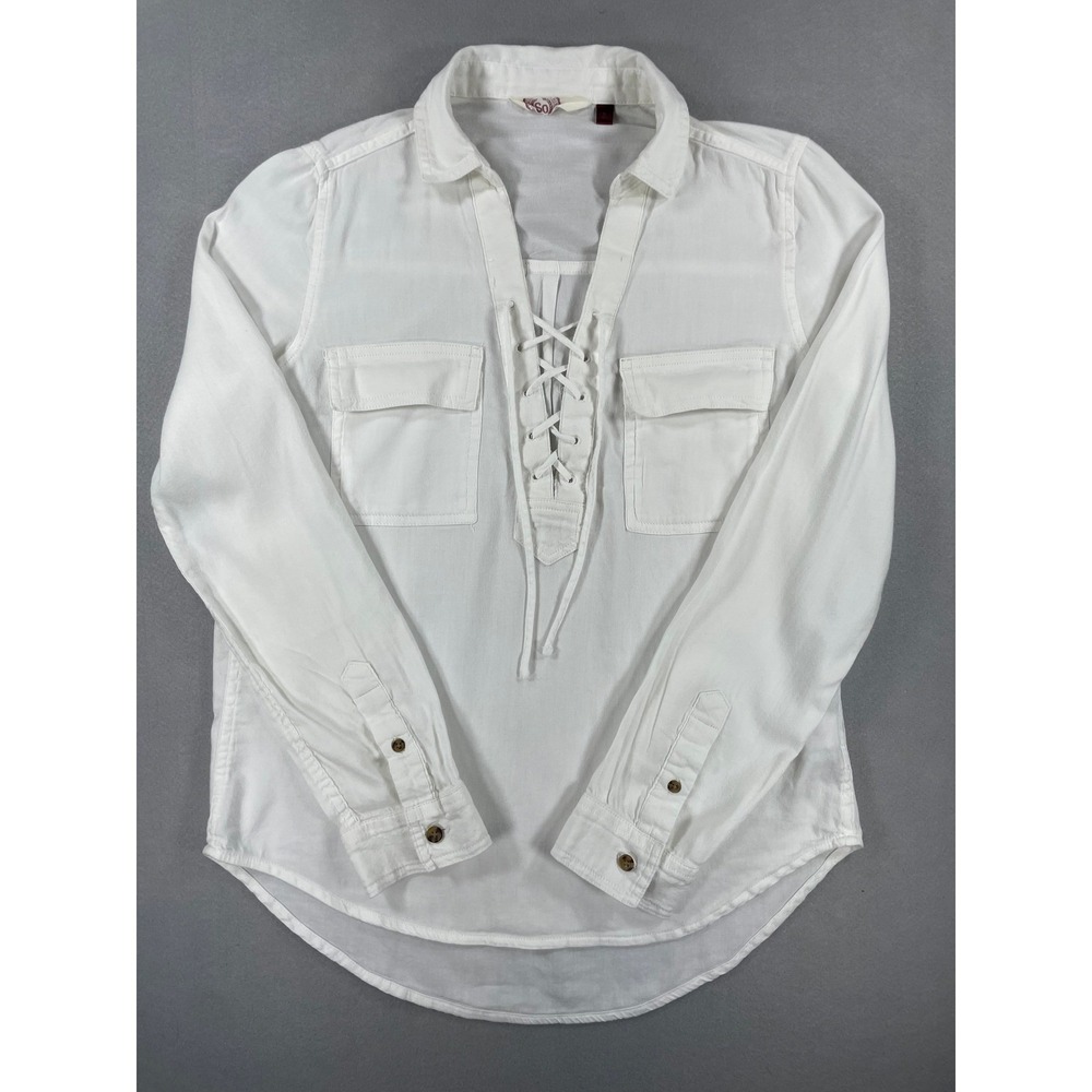 SO Womens‎ Shirt Lace Up V-Neck Long Sleeve White Solid Small